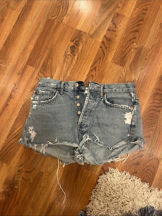 Agolde Pants - Agolde Distressed High-Rise Denim Shorts - Light Wash Blue
